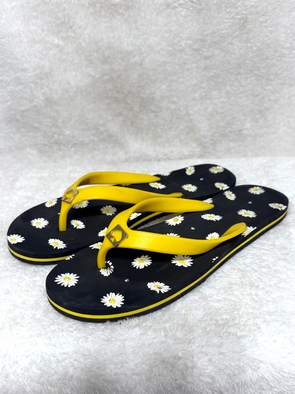 Kate Spade Daisy Print Flip Flops Thongs Sandals Black Yellow Size 10